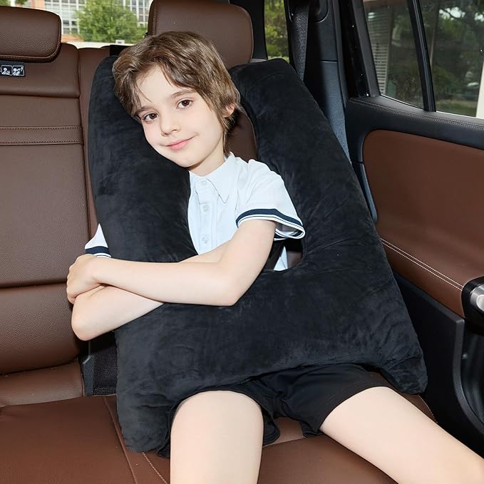 Car Pillow for Kids, Travel Pillow with Adjustable Strap, U-Shaped Pillow for Adults and Children to Support Head and Body Road Trip Essentials (Metal Black)