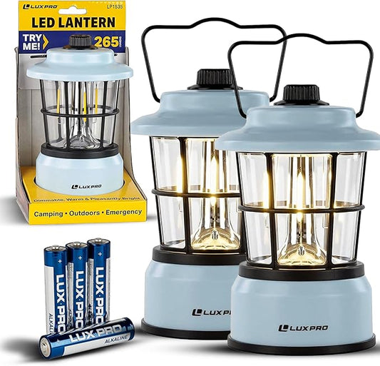 LUXPRO Retro LED Lantern - Battery-Powered Emergency Lantern - Water Resistant - Bright LED Lamp for Indoor & Outdoor Use - Use for Tents, Hiking or Hurricane Prep (Blue, Pack of 2)