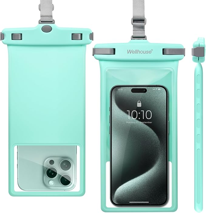 wellhouse Waterproof Phone Pouch, Waterproof Phone Case for iPhone 16 15 14 13 12 Pro Max XS Samsung, IPX8 3D Cellphone Dry Bag Beach Essentials (1 Pack - Crystal Green8.0, 8 inch)