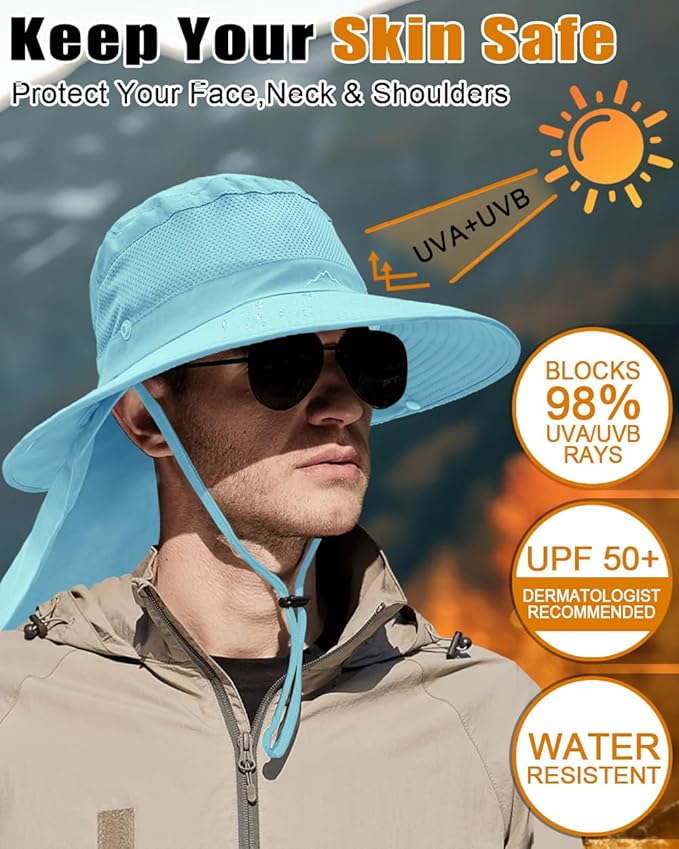 Outdoor Sun Hats with Stowable Neck Flap for Men Women UPF 50+ Mesh Summer Bucket Hat Wide Brim for Fishing Safari Hiking