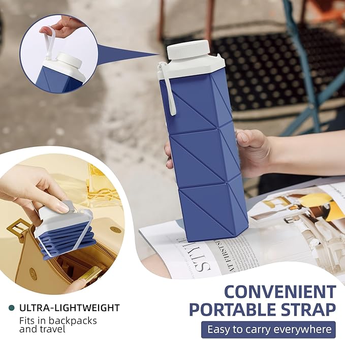 24oz Collapsible Water Bottles,Foodgrade BPA Free Reusable Foldable Water Bottle Lightweight LeakProof for Travel Hiking Camping Cycling Gym Sports,Collapses Folding Water Bottle,Dark Blue