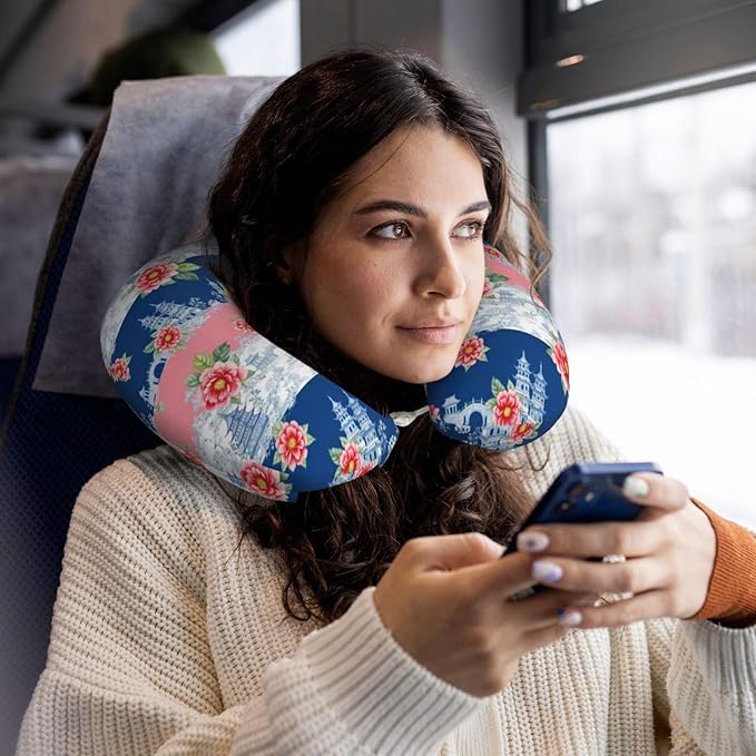 Neck Pillow Memory Foam Chin Cushion with Breathable Cover Pink Watercolor Peony Blue Chinoiserie, Cute Airplane Car Pillows for Office Head Pain Relief
