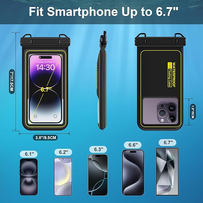 Waterproof Phone Pouch Floating, IP68 Waterproof Phone Case for iPhone 16 Pro 15 14 13 12 11 Pro Max Samsung Google, Dry Bag with Adjustable Lanyard, Up to 6.7'' Black