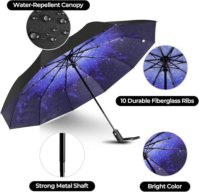 LLanxiry Compact Travel Umbrella, Automatic Open/Close Windproof Umbrella, 10 Fiberglass Ribs, 210T Pongee, UPF 50+ Sun/Rain, Lightweight Portable Umbrellas Travel Size with Carry Sleeve