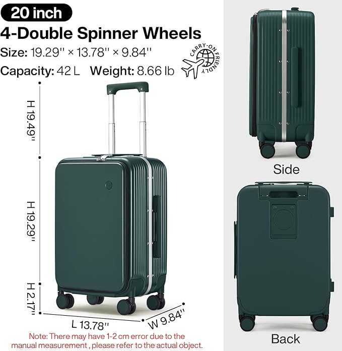 mixi Carry On Luggage with Cup Phone Holder and Charger Hard Shell Suitcases with Spinner Wheels,20 Inch Blackish Green