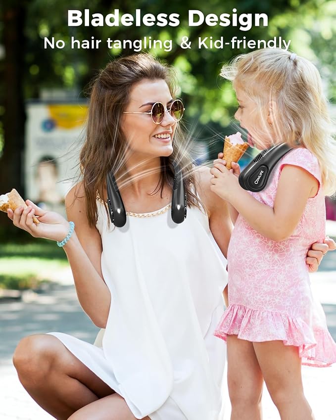 Bladeless Neck Fan, 5000mAh Rechargeable Battery Powered, 3 Speeds, Angle Adjustable, Hand-free Portable Neck Fan for Both Outdoor & Indoor Use, UL Certified, Black