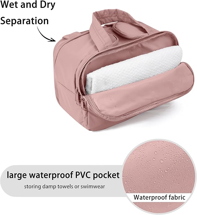 Travel Toiletry Bag for Women, Large Wide-open Puffy Cosmetic Makeup Bag with Wet-Dry Separation, Multi-Pocket Organizer with Carry Handle for Toiletries, Cosmetics, Essentials, Dark Pink