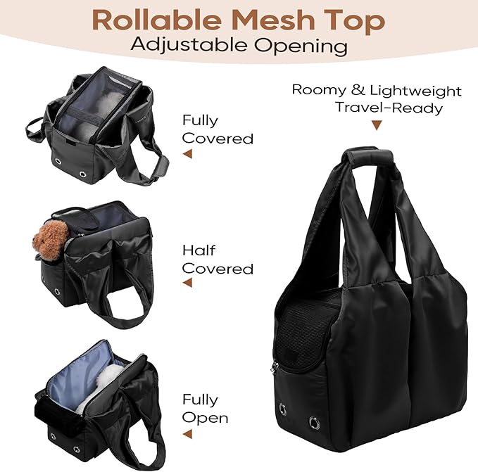 Dog Purse Carrier for Small Dogs, Cats, and Puppies – Soft-Sided Travel Pet Tote Bag with 4 Large Pockets, Foldable, Lightweight, Fits Pets up to 15 lbs, for Travel, Outings (Black)