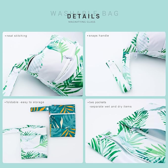 Wet Dry Bag Waterproof Reusable Wet Bag for Swimsuit, Travel, Beach, Pool, Bathing, Diapers, Dirty Yoga Gym Clothes Toiletries Daycare Organizer with Two Zippered Pockets (green leaf)
