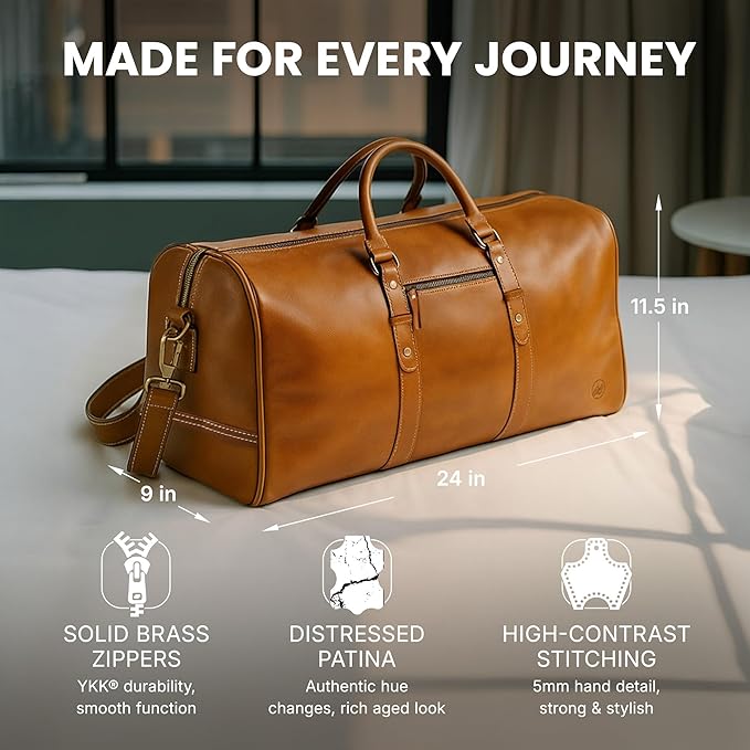 Premium Full-Grain Leather Duffle Bag for Men & Women | 24-Inch Handcrafted Weekender Travel Bag with Multiple Pockets & Compartments by Northridge Leather (Tan)