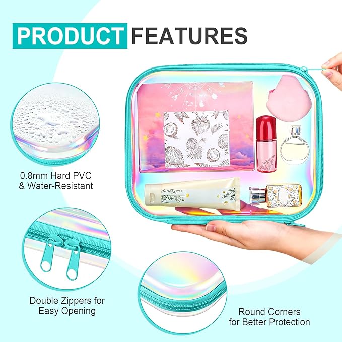 Hoolerry 4 Pcs Hard Clear Zipper Case Makeup Bags Plastic Pencil Pouch Transparent Storage Box Containers for Cosmetics, Snacks, Building Blocks, Puzzles(Blue Laser,9.8 x 7.9 x 2 in)