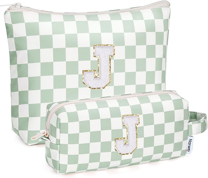 Narwey 2 Piece Personalized Initial Makeup Bag Checkered Cosmetic Bags, 6 8 10 11 12 13 14 16 18 Years Old Teen Girl Gifts Trendy Stuff Birthday Gifts for Women, Travel Toiletry Bag (Green Letter J)