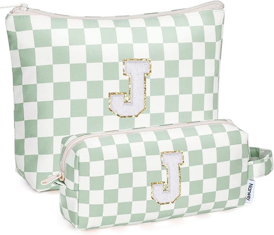 Narwey 2 Piece Personalized Initial Makeup Bag Checkered Cosmetic Bags, 6 8 10 11 12 13 14 16 18 Years Old Teen Girl Gifts Trendy Stuff Birthday Gifts for Women, Travel Toiletry Bag (Green Letter J)
