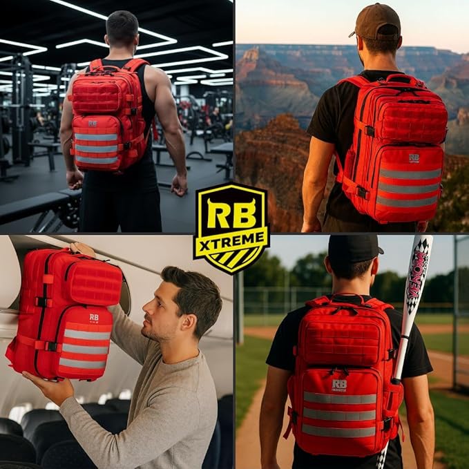Xtreme 30L Tactical Backpack – Carry On Travel and Gym Daypack with 16 inch Laptop Sleeve, Stick Holder, Double Bottle Pockets, Recycled Fabric Shell, Rain Cover (Red)