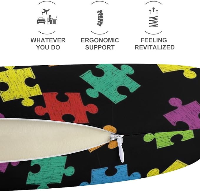 Breathable U-Shaped Neck Pillow Memory Foam Travel, Colorful Autism Awareness Pattern U-Shape, Machine Washable Support Home Office