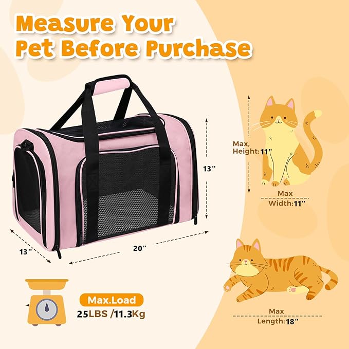 Cat Carrier Soft for Pets Up to 25 Lbs, Cat Travel Bag Soft-Sided with Padded Shoulder Strap, Pet Dog Carriers for Small Dogs Travel Puppy Carry Airline Approved, Pink