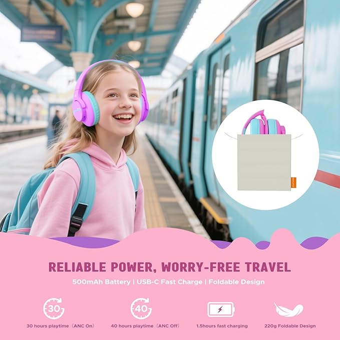 Nova1Lite Kids Wireless Active Noise Cancelling Headphones, Bluetooth 5.3, Safe Volume 74/85/94dB, Real 40H Battery, Type-C Fast Charging, boy Girl Built-in Mic for School Travel Airplane