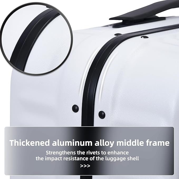29 Inch Aluminum Checked Luggage with Side Opening Zipper, 40 * 37 * 77cm, 113L, Lightweight Hardshell ABS+PC Suitcase with TSA Lock, 360° Universal Wheels, White