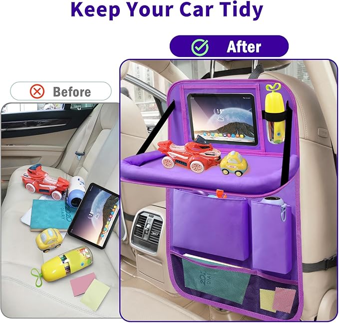 Etre Jeune Car Seat Back Organizer Table Tray, Car Seat Storage Organizer for Kids with Foldable Tablet Holder, 6 Storage Pockets Kick Mats 600D Oxford, 2 Pack Purple