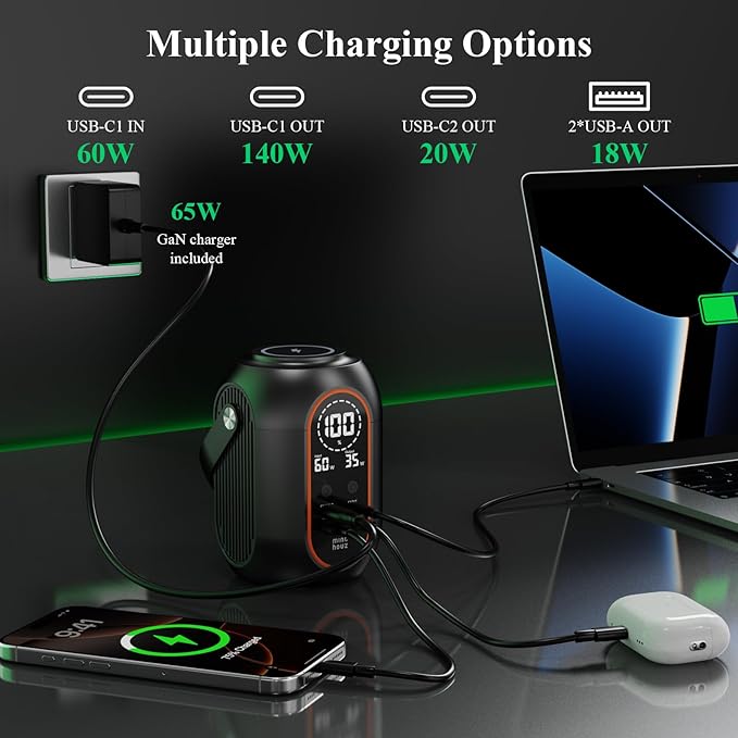 Minthouz 140w 54000mAh Laptop Power Bank with 65W Power Adapter, Versatile Camping Lighting, Wireless Charging, Smart Display, Portable Power Station for iPhone 17/16/15 Pro Max, MacBook, Dell, HP