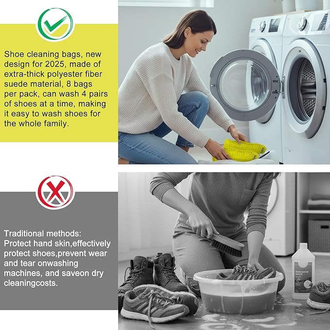 8 Pack Shoe Washing Machine Bag Chenille Shoe Laundry Bag 360° Deep Cleaning Reusable Sneaker Bags for Washing Machine Sneakers Slippers, 4 Colors
