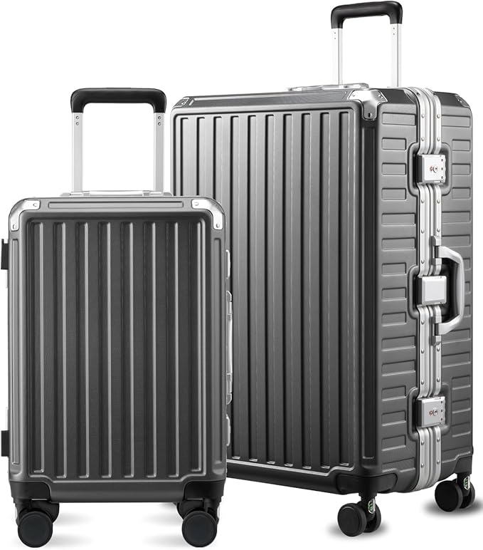 LUGGEX Luggage Sets with Spinner Wheels, 2 Piece (20/28) Aluminum Frame Zipperless Polycarbonate Hard Shell Suitcase Sets, Charcoal Metallic