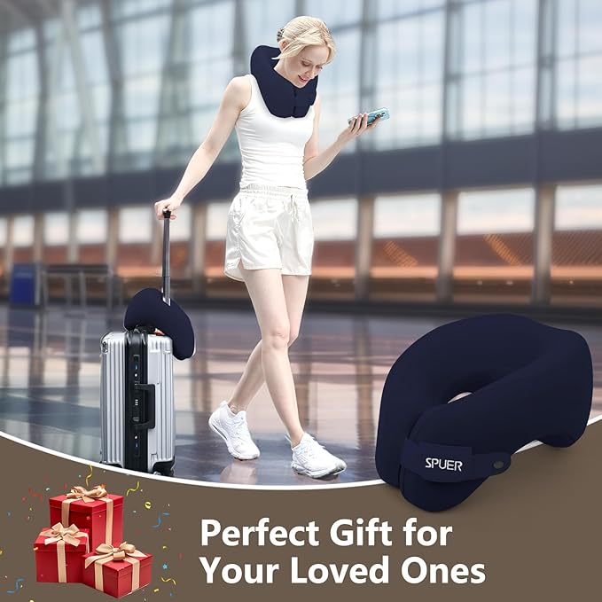2in1 Ergonomic Memory Foam Travel Neck Pillow – 2025 Upgrade Travel Pillow for All Sleep Positions on Flights, Road Trips, and Long Distance Travel with Drawstring Bag (Adjustable - Navy Blue)