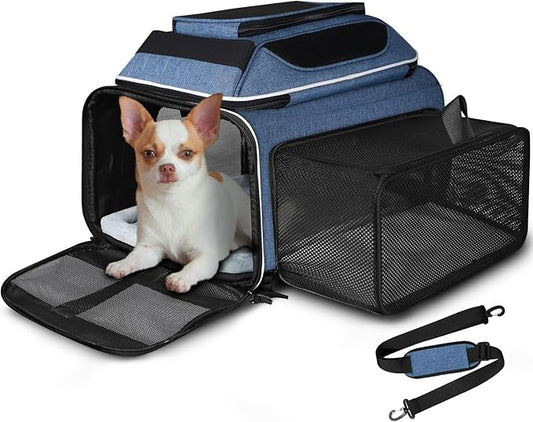 Petskd Top and Side Expandable Pet Carrier 18x13x9.5 Inches Southwest Airline Approved, Soft-Sided Carrier for Small Cats and Dogs with Locking Safety Zippers and Anti-Scratch Mesh(Blue)