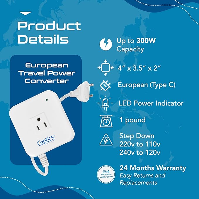 Ceptics 300 Watt Step Down Voltage Converter – Converts 220V/240V to 110V/120V – Perfect for Hair Straighteners, Laptops, and Chargers – CE Certified Travel Converter