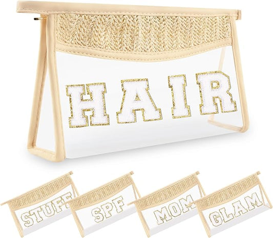 Small Boho Straw Clear Hair Makeup Bags for Women&Girls, Zipper Cosmetic Bag Chenille Varsity Letter Patch Bag, Preppy Cute Toiletry Pouch, Trendy Organizer Storage Bag for Beach Travel Essentials