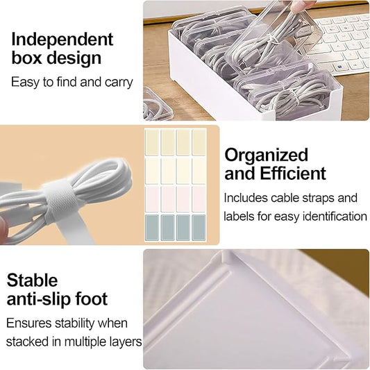 11 in 1 Charger Cable Organizer Box with Lid and 20 Cable Ties & 32 Labels Included | Multi-Function Storage for Office Desk Drawer | Cord, Charger, Card Organizer Case