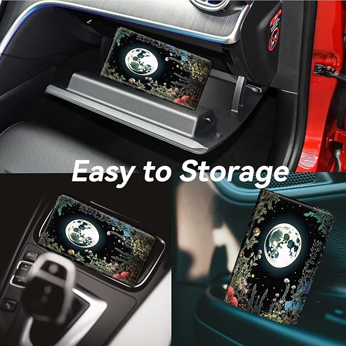 Car Registration and Insurance Holder, Leather Car Glove Box Organizer, Cool Car Accessories for ID, Driver's License Cards & Essential Document,Men&Women,business cards,Grass Flowers Moon Star