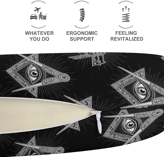 Funny Memory Foam Neck Pillow Travel U Shaped Cushion with Zip Cover, Chin Support for Airplane Car Office Home Nap, Freemasonry Freemason Eye Black