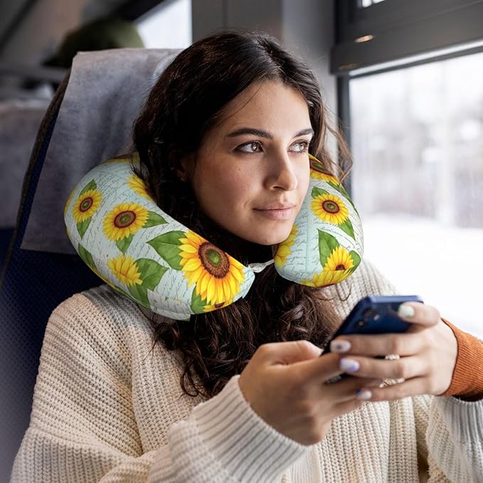Funny Neck Pillow Support for Car Flight Rest Vintage Sunflower, Memory Foam U Shaped Decor Head Cushion for Home Outdoors Travel