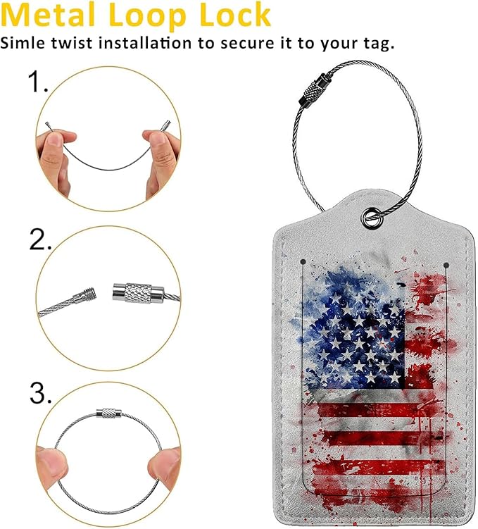 American Flag 3 Pack Luggage Tags, PU Leather Luggage Tags for Suitcase,Name ID Labels with Privacy Cover Suitcases and Metal Loop for Travel Bag Suitcase