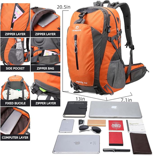 FENGDONG 40L Waterproof Lightweight Outdoor Daypack Hiking,Camping,Travel Backpack for Men Women Orange