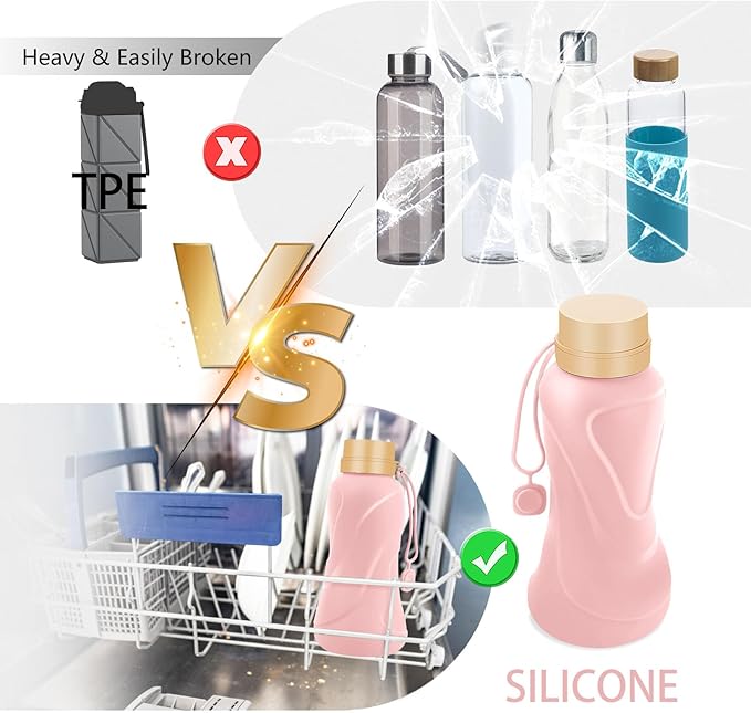 Collapsible Water Bottles 2 Pack,Leak Proof,Reuseable BPA Free Silicone Foldable Water Bottles,Durable Lightweight for Travel Gym Camping Hiking,Compact Size Portable Sports Water Bottle (Black&Pink)