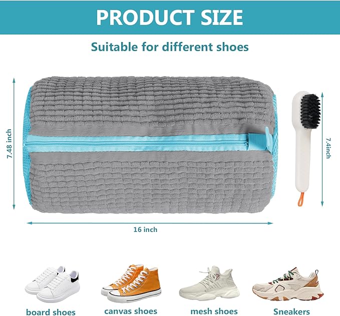 Shoe Washing Machine Bag - 2Pack Laundry Shoe Bag for Washer and Dryer, Reusable Shoe Cleaning Bag for All Shoe Sizes, 360° Deep Clean for Tennis Shoes, Sneakers, Includes 1 Brush (grey)