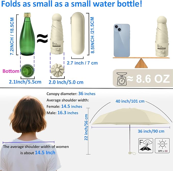 BAODINI Travel Essentials Mini Umbrella for Purse With Case Small Compact UV Sun Protection Lightweight Tiny Pocket Manual Open Close Umbrella for Women Kids and Men Fit Purse Backpack