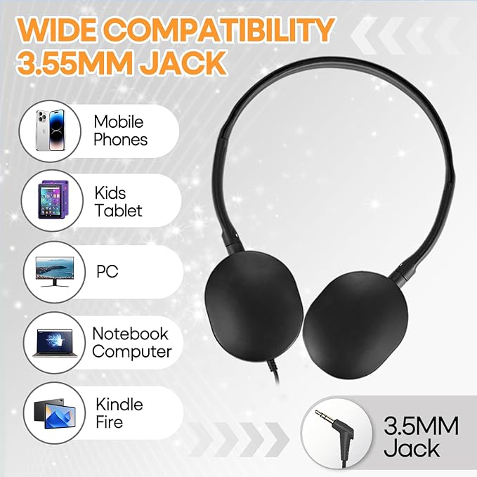 Classroom Headphones Bulk 100 Pack for School Kids K-12,Wholesale Durable Earphones Class Set for Students Children Teens Adults, Airplane and Hospiital (HY104,Black)