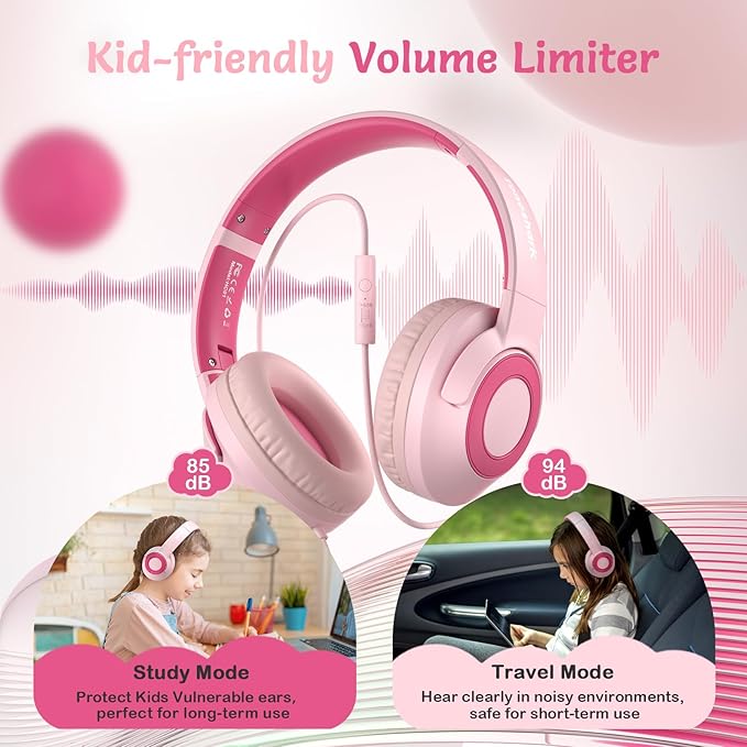 Kids Wired Headphones with Microphone, Volume Limited to 85/94dB, Foldable 3.5mm Jack Headset for Girls, Pink Over-Ear Headphones for School, Study & Travel, Includes Carry Case（Pink）