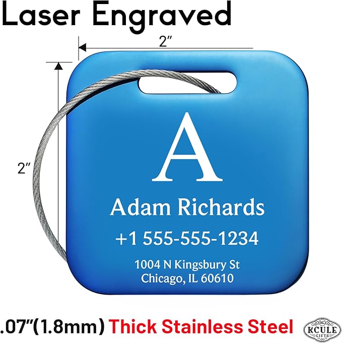 Stainless Luggage Tags for Suitcases 4 Pack: Metal Personalized Luggage Tags for Backpacks & Bags with Customizable Texts (Blue)