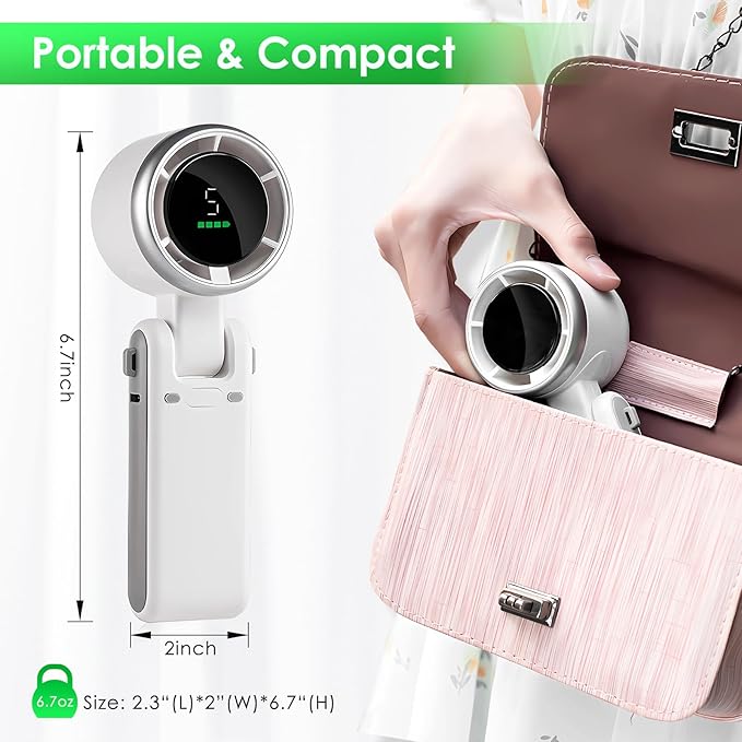 Portable Handheld Mini Turbo Fan, USB Rechargeable Travel Neck Fan with 5 Speeds, 3600mAh Battery & 15000RPM Speed, Up to 12 Working Hours, 3 IN 1 Foldable Personal Cooling Fan for Travel/Home/Office