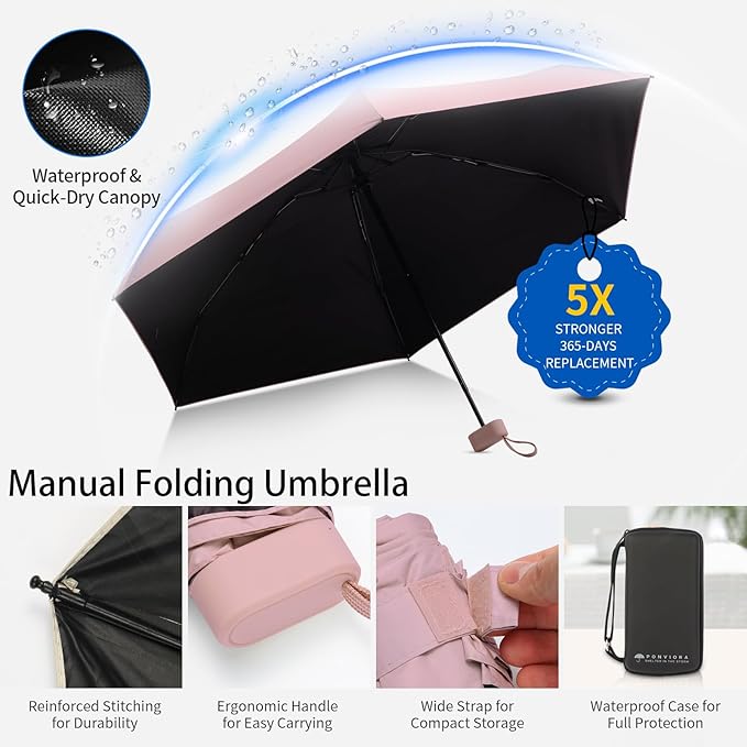 Compact Mini Windproof Travel Umbrella-UPF 50+ Sun & Rain Protection, Small Folding Design Fits in Pocket or Purse, Lightweight Portable with Case for Women, Men & Kids