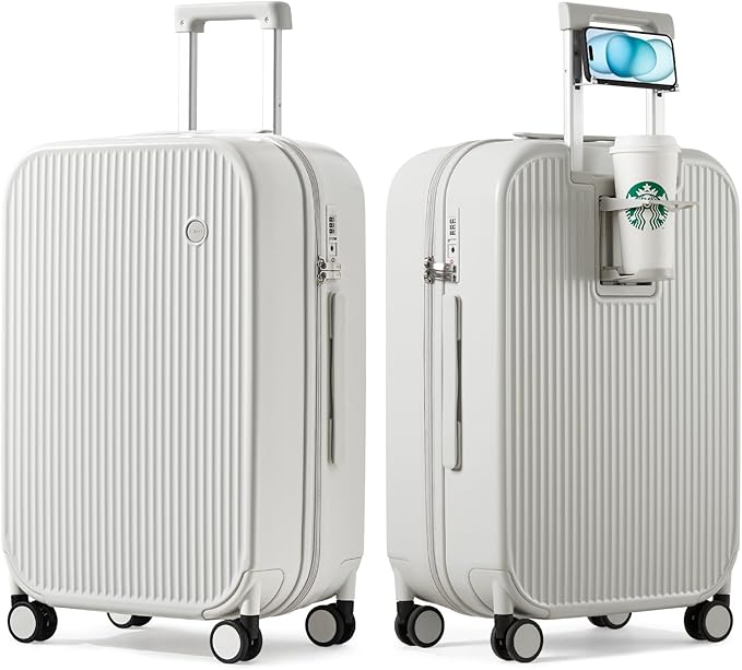 mixi Checked Luggage with Cup Phone Holder Hard Shell Rolling Travel Suitcase with Spinner Wheels,24 Inch Smoke White