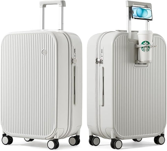 mixi Checked Luggage with Cup Phone Holder Hard Shell Rolling Travel Suitcase with Spinner Wheels,24 Inch Smoke White