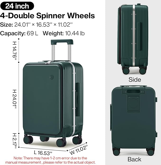 mixi Checked Luggage with Cup Phone Holder and Charger Hard Shell Suitcases with Spinner Wheels, 24 Inch Blackish Green