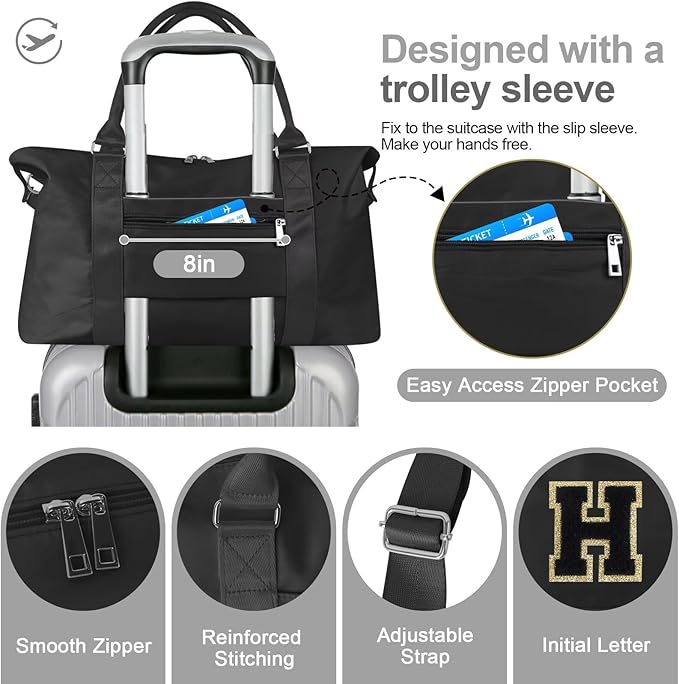 Dance Gym Duffel Bag for Teen Girls, Personalized Initial Travel Weekender Bag,Cute Overnight Carry On Duffle for Women,Sports Travel Cheer Bag,Monogram Christmas Gifts for Tween Preppy(black-H)