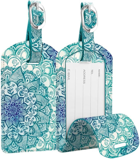 FINTIE 2 Pack Luggage Tags, Leather Name ID Labels with Privacy Cover for Travel Bag Suitcase, Theme - Emerald Illusions