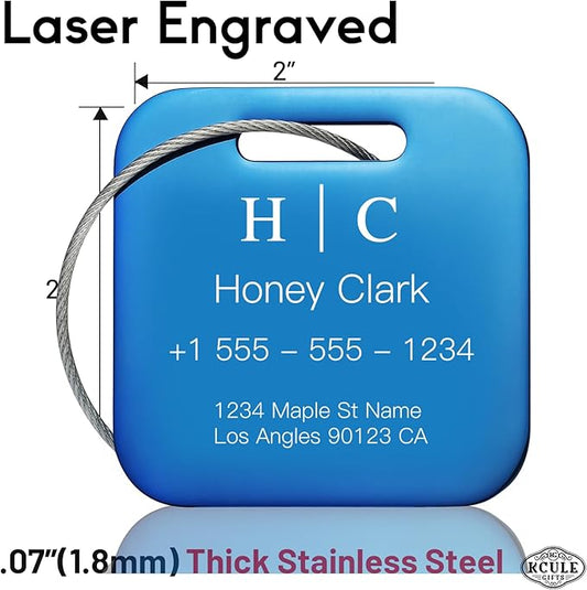 Stainless Luggage Tags for Suitcases 4 Pack: Metal Personalized Luggage Tags for Backpacks & Bags with Customizable Texts (Blue)